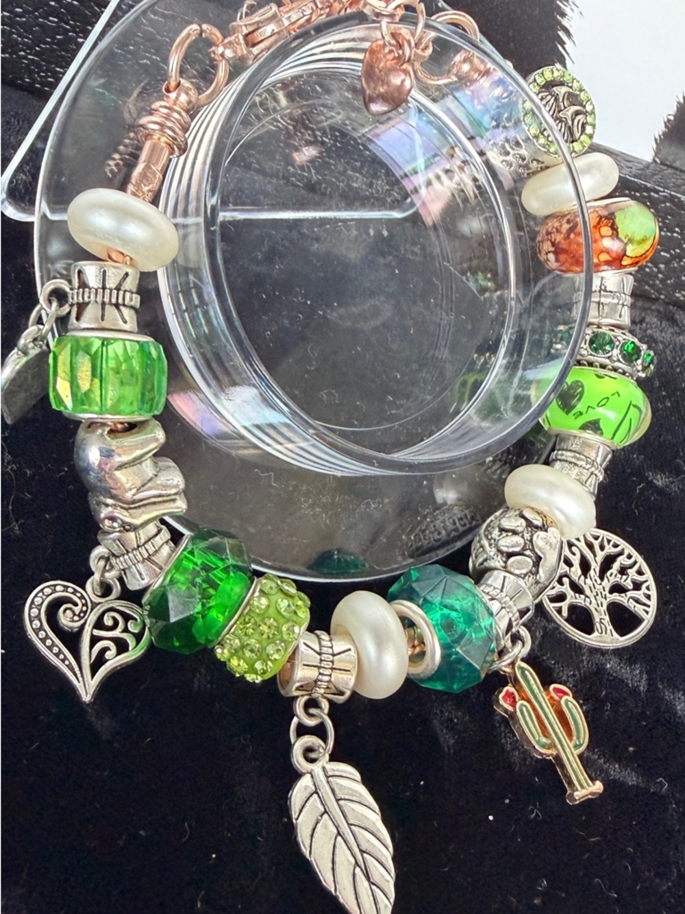 Green & Pearl Bead Rose Gold (snake chain) Charm Bracelet with lobster clasp